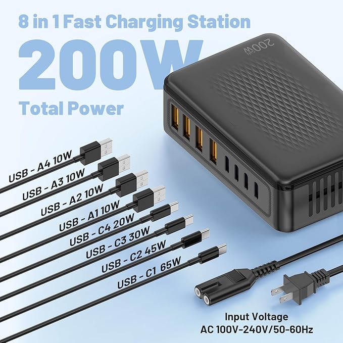 200W USB C Charging Station, 8-Port GaN USB C Charger Block, PD 65W Desktop - Image 3