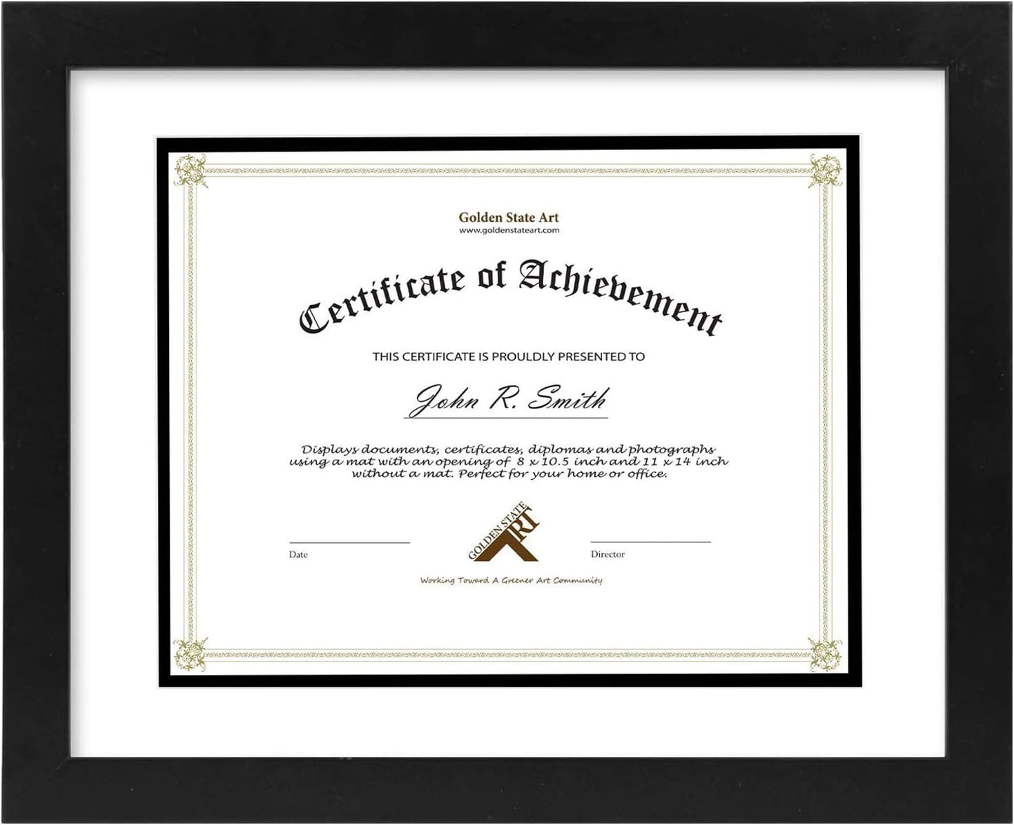 Golden State Art 11x14 Diploma Frame for 8.5x11 Document,Solid Wood/Glass | Fit For 11X14 Document & Certificates Without Mat,Double Mat(White With Black) ,Black ,1 Pack