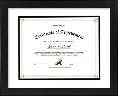 Golden State Art 11x14 Diploma Frame for 8.5x11 Document,Solid Wood/Glass | Fit For 11X14 Document & Certificates Without Mat,Double Mat(White With Black) ,Black ,1 Pack
