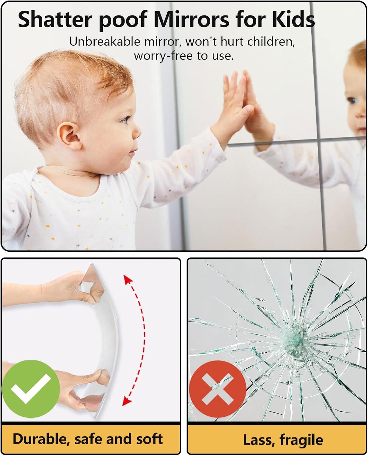 Unbreakable Mirror Tiles, 4PCS 8”x8” Peel And Stick on Mirror for Wall Mirrors Decorative, Toddlers for Kids Bedroom, Plastic Gym Frameless Door Small Adhesive Mirrors for Classroom Decor Stickers