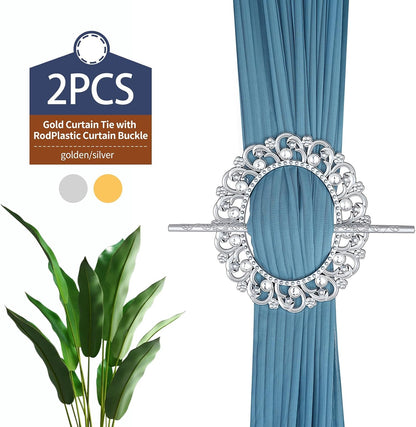 2 Pack Silver Curtain Tiebacks Round Curtain Holdbacks Plastic Curtain Clips Buckle Drapery Holdbacks Crystal Drapery Tiebacks for Home Window Decoration, with Fixing Rod (Silver)