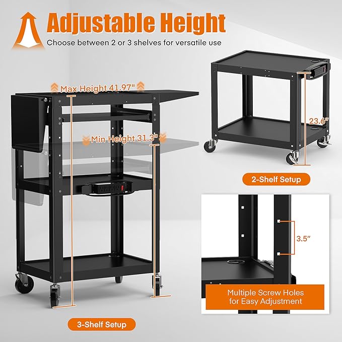 All-Steel Rolling AV Cart with Adjustable Height & Built-in Power – Heavy-Duty - Image 6