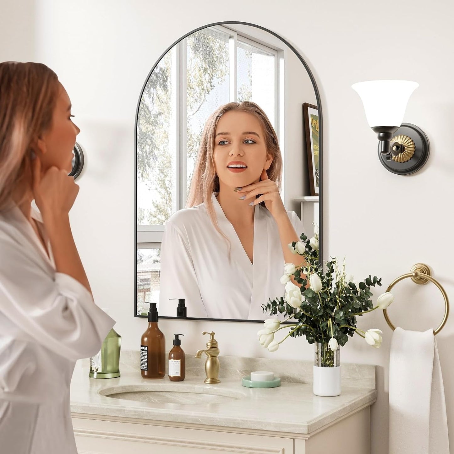 Rowjut Gold Arched Bathroom Mirror for Wall-36"X24" Wall Mirror for Living Room, Bedroom, Bathroom, Dressing Room Hanging Vanity Mirror for Wall Decoration