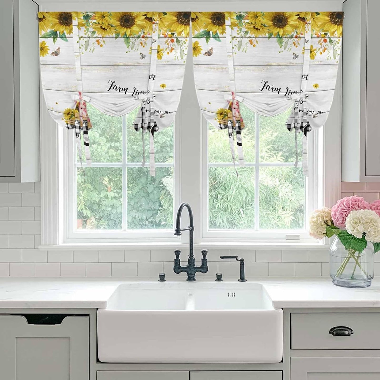 Sunflowers Tie Up Curtains for Window, Spring Botanical Truck Pig Wooden Grain Thermal Insulated Balloon Shade Adjustable Rod Pocket Curtains Valance Panels for Kitchen Bathroom Café 42'' x 63''