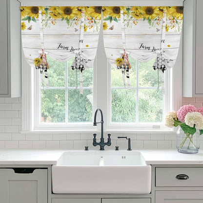 Sunflowers Tie Up Curtains for Window, Spring Botanical Truck Pig Wooden Grain Thermal Insulated Balloon Shade Adjustable Rod Pocket Curtains Valance Panels for Kitchen Bathroom Café 42'' x 63''