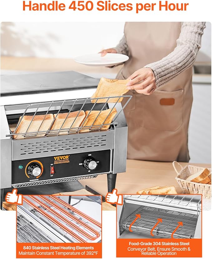 VEVOR 1770W Commercial Conveyor Toaster, 450 Slices per Hour, Heavy Duty - Image 3