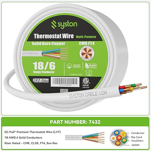 Syston 18/6 Thermostat Doorbell HVAC Heating Control Cable Wire, 100% Solid - Image 3
