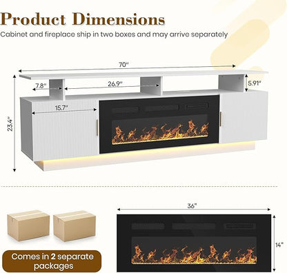 70” Fluted TV Stand with 36” Electric Fireplace, 2 Tier TV Console Cabinet with - Image 2