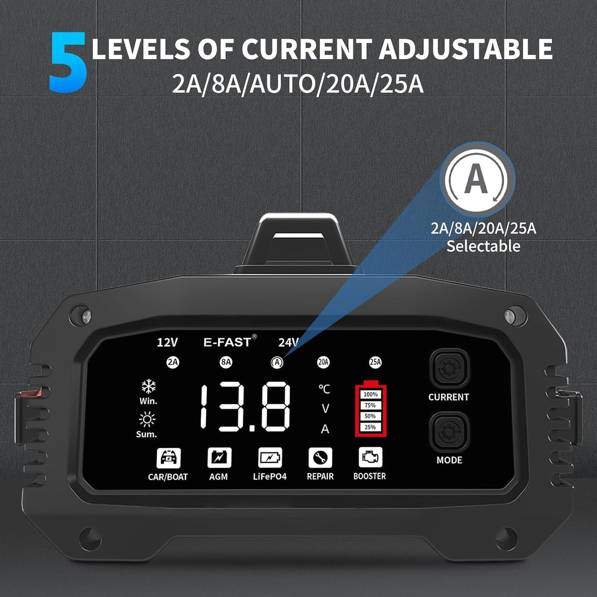 E-FAST 25A Smart Car Battery Charger, 12V/24V Automatic Automotive Battery Ma...