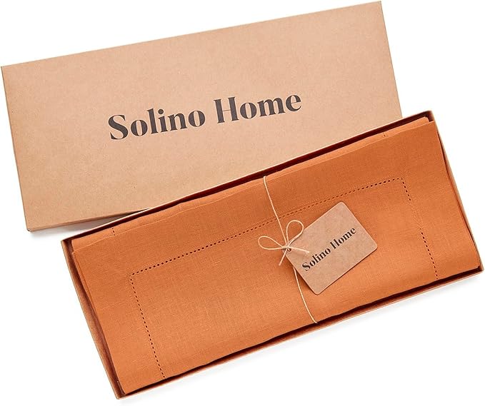 Solino Home Linen Hemstitch Table Runner 108 Inches Long - 100% Pure Linen Pu...