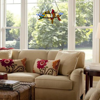 Tiffany Style Stained Glass Window Panel with Chain, 4 Birds Handcraft Stained Glass Window Hanging, Glass Ornaments Wall Décor Hanging Art,Length:16XHeight: 9 inches