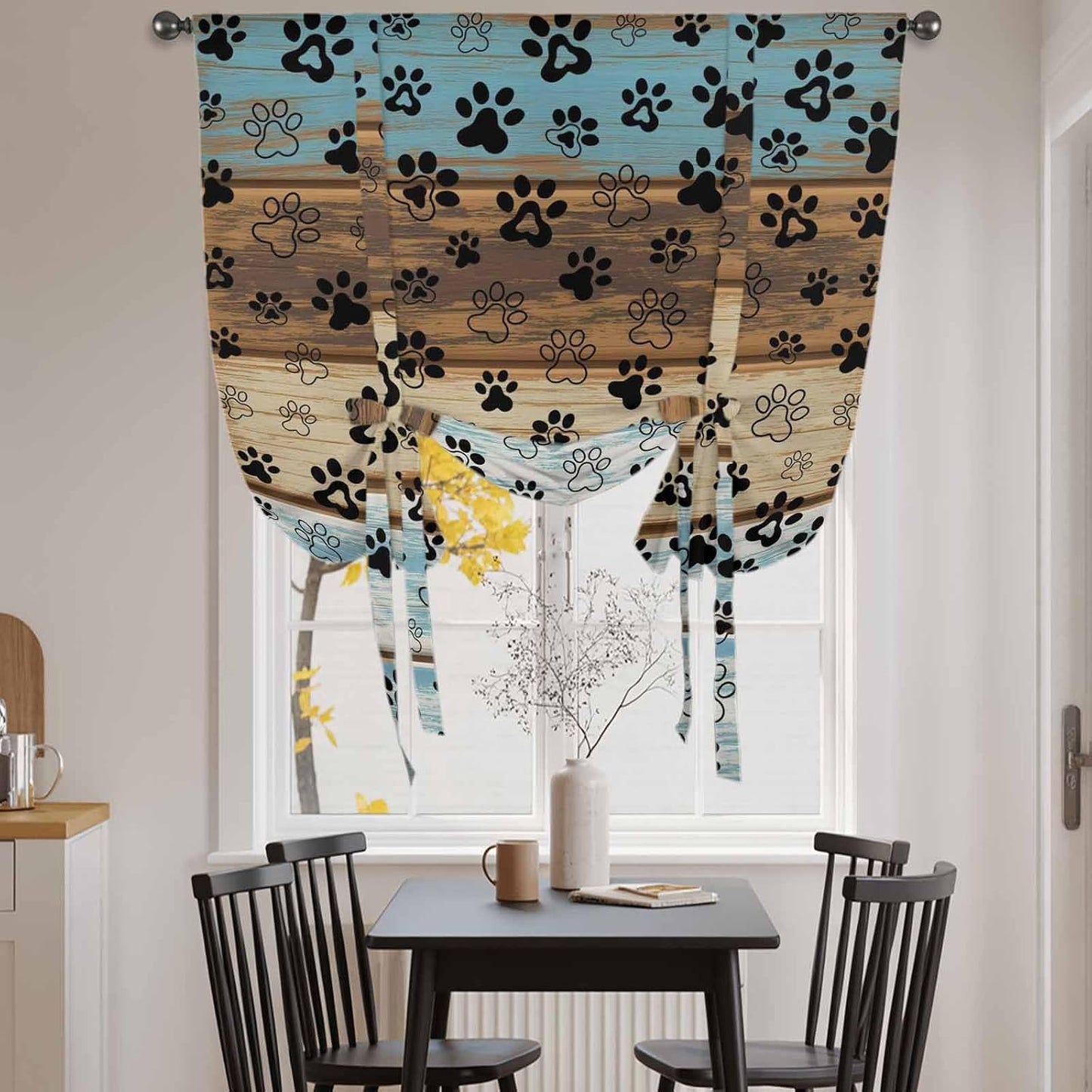 Cute Dog Claws Tie Up Curtains for Window, Farmhouse Blue Wooden Puppy Pawprints Thermal Insulated Balloon Shade Adjustable Rod Pocket Curtains Valance Panels for Kitchen Bathroom Café 52'' x 45''