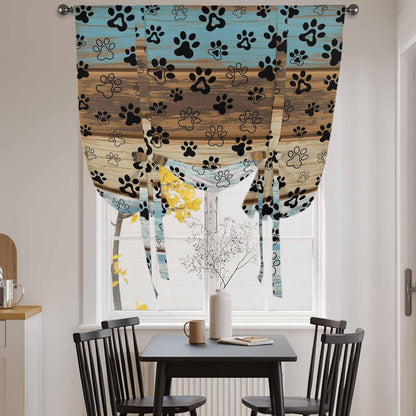 Cute Dog Claws Tie Up Curtains for Window, Farmhouse Blue Wooden Puppy Pawprints Thermal Insulated Balloon Shade Adjustable Rod Pocket Curtains Valance Panels for Kitchen Bathroom Café 52'' x 45''