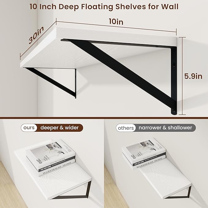 Axeman 30 Inch Floating Shelves | 10 Inch Deep White Wall Shelves Set of 2 | - Image 3
