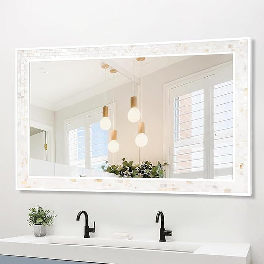 Tanmicoshomy 30 x 48 Inch White Bathroom Mirror, Natural Shell Framed by Tanmicoshomy