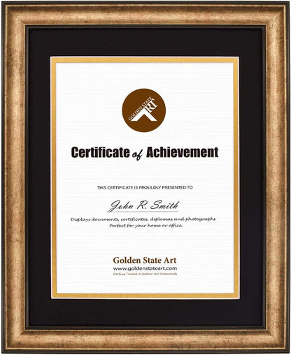 Golden State Art 11x14 Frame for 8.5x11 Diploma Antique Gold Real Glass | Includes Black Over Gold Double Mat,Fits 8.5x11 Certificate, Document, Photo, Picture, Wall Mount