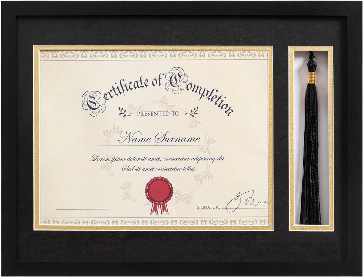 eletecpro 12x16 Diploma Frame with Tassel Holder for 8.5x11 Degree, Black | Real Glass, Black & Gold Mats, Tassel Displayer, Classic Certificates Display, Ready to Hang, Easy to Use