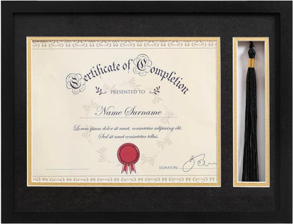 eletecpro 12x16 Diploma Frame with Tassel Holder for 8.5x11 Degree, Black | Real Glass, Black & Gold Mats, Tassel Displayer, Classic Certificates Display, Ready to Hang, Easy to Use