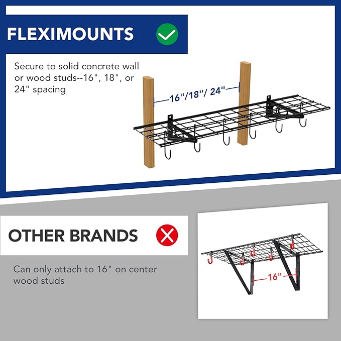FLEXIMOUNTS Garage Wall Shelving, 1x4 ft, Includes 6 Bike Hooks, Wall Shelf - Image 3