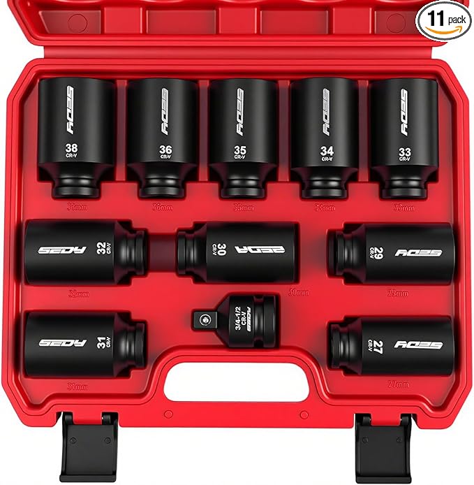 1/2 Drive Deep Impact Socket Set: 11-Piece Metric Size Wheel Axle Nut Wrench by SEDY