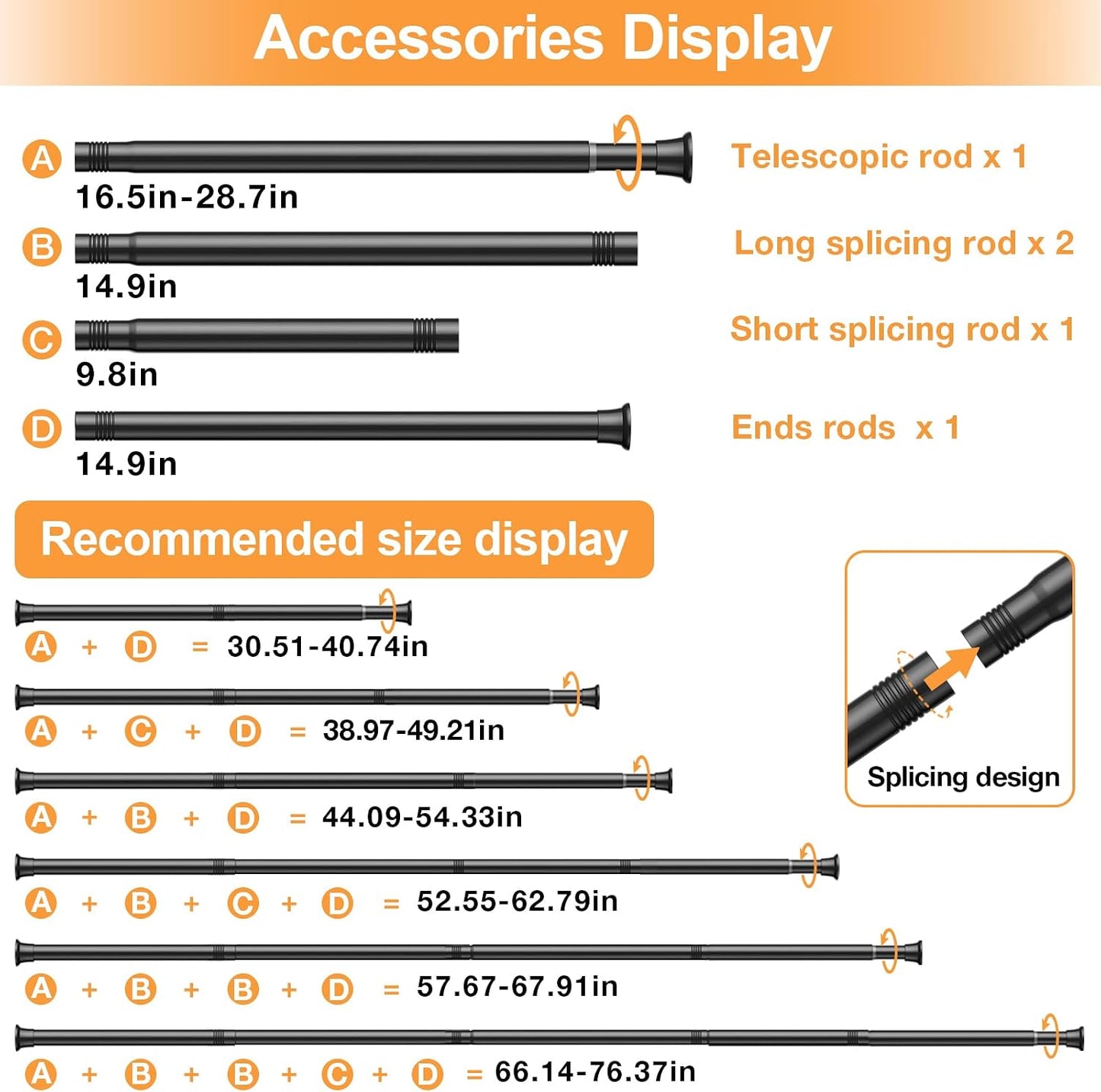 Tension Curtain Rod 30-76Inch Black Tension Rod for Windows | Shower Curtain Rods No Drilling Spring Adjustable Curtain Rods for Windows,Doorway,Bathroom,Closet,7/8" Diameter