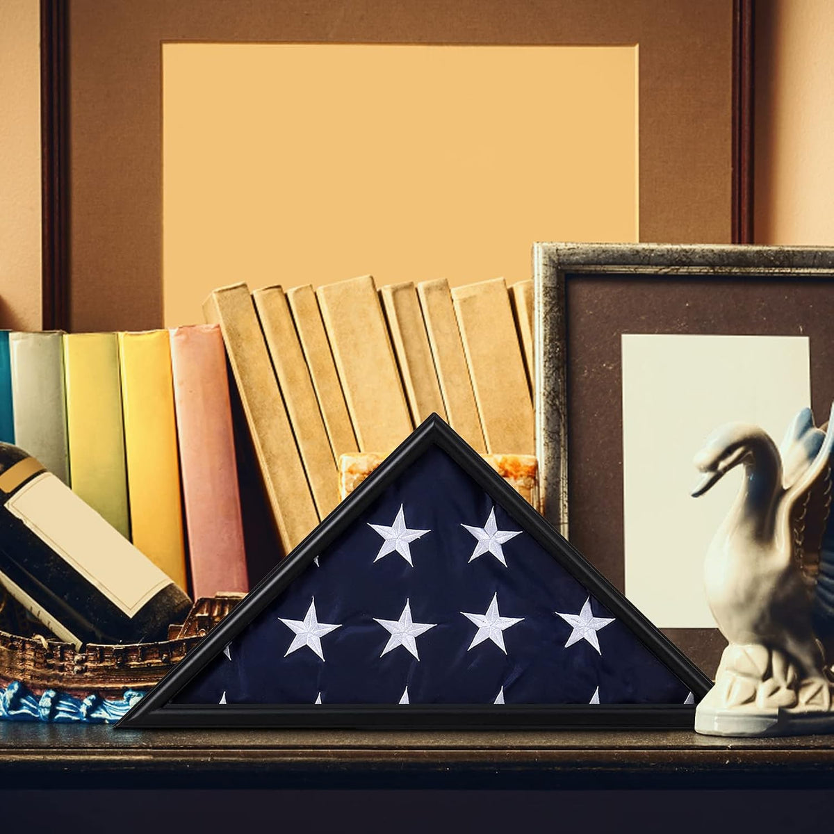 Burial Flag Display Case Fits 5'x9.5' Flag, Thin Bottom Edge Military Flag Box with Glass Front for American Veteran Flag, Wooden Memorial Folded Flag Case Shadow Box (Black)
