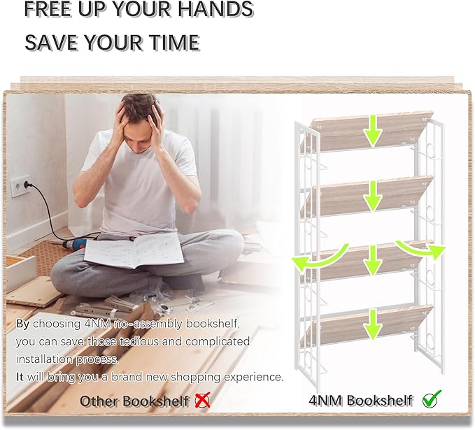 4NM No Assembly 4 Tiers Folding Bookshelf, 47.2" H Foldable Storage Shelves - Image 7