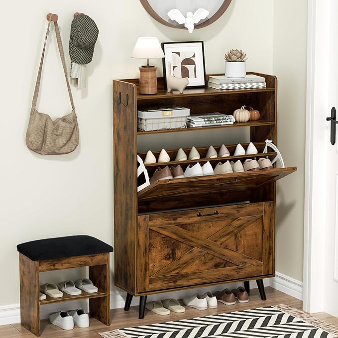 EOYUTLLY Shoe Cabinet with Bench, Entryway Shoe Organizer with 2 Flip Drawers & - Image 3