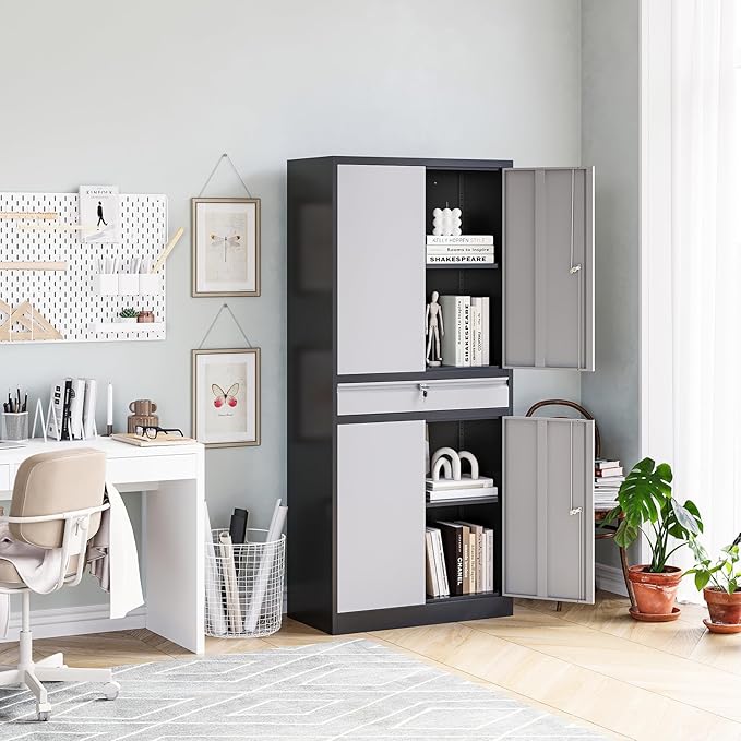 MIIIKO Storage Cabinet with 4 Doors, Metal Garage Cabinet with Drawer and - Image 6