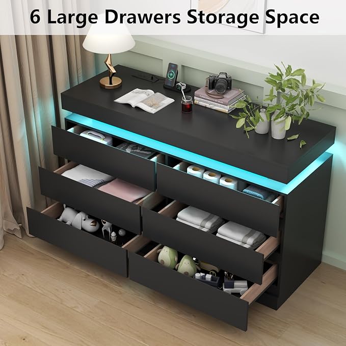 6 Drawer Dresser with Power Outlet, Dresser with LED Light, Modern Chest of - Image 5