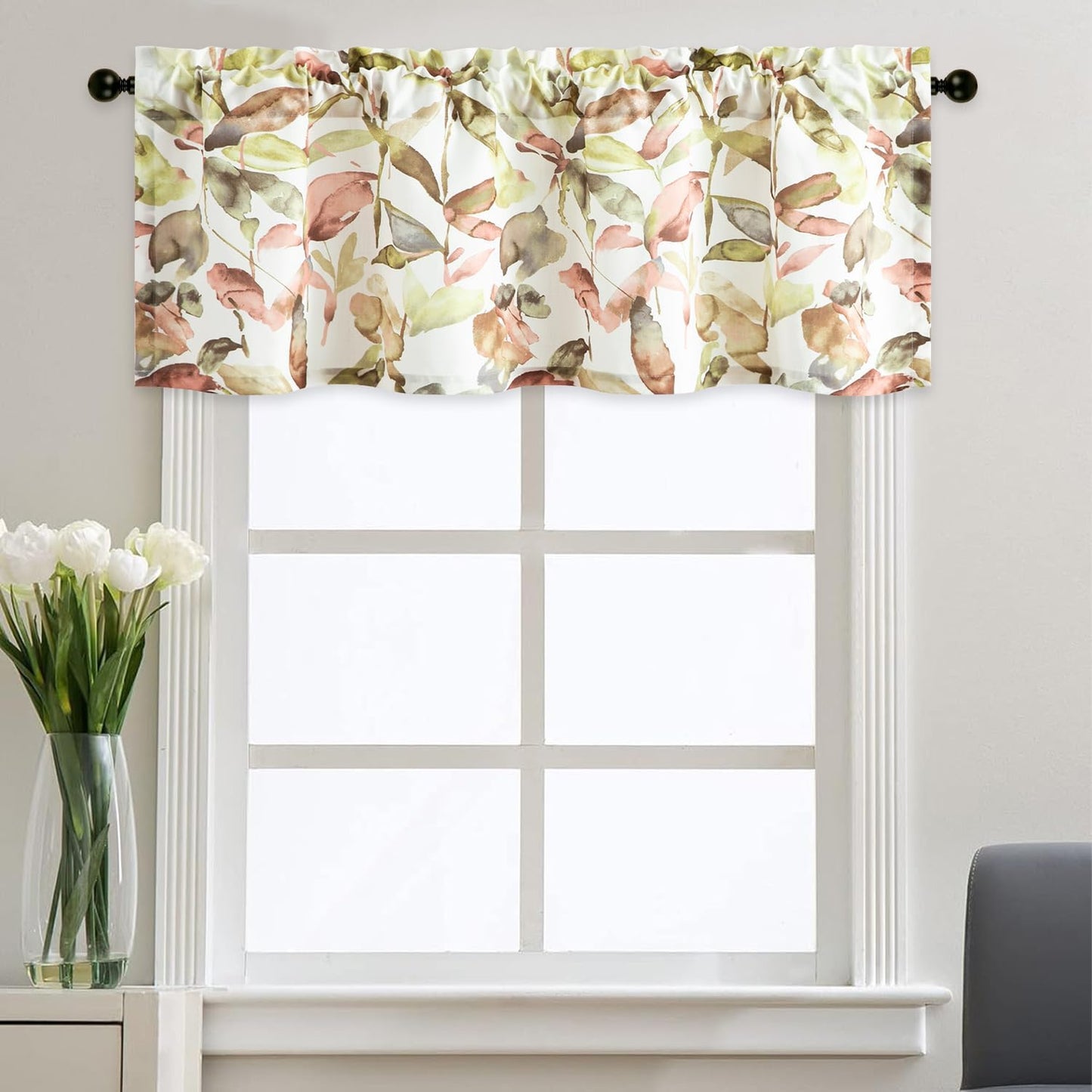 Faux Linen Kitchen Valances for Windows, Leaves Printing Valances for Living Room, Rod Pocket Farmhouse Rustic Basement Window Curtains for Bathroom, 52 x 18, Pack of 1