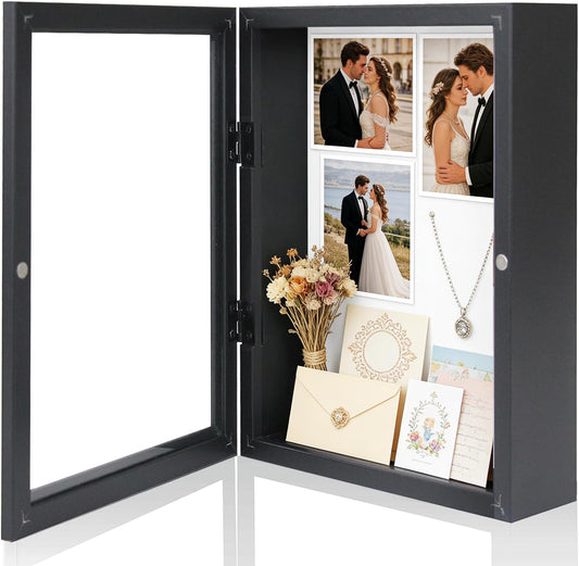 Muzilife 13x16 Shadow Box Wood Picture Frame, 2.16 Deep, Real Glass, Black | FSC-Wood, Magnetic Door, Linen Interior & Pins, Vertical, Horizontal Wall Hanging, Display Case Frame for Photos & Keepsakes