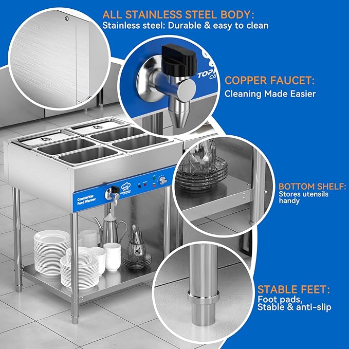 6-Pan Commercial Food Warmer, Electric Steam Table, 120V 1700W Stainless Steel - Image 5