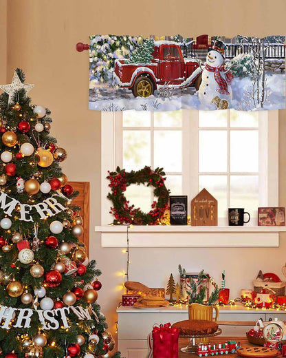 Christmas Curtain For Kitchen Windows Snowman Xmas Kitchen Curtain Valances Red Truck with Christmas Tree Window Curtain Treatment Short Topper Curtains Seasonal Valance Christmas Decor,42 x12 inch