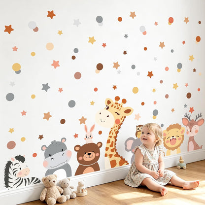 Tanlaby Animal Wall Decals Cartoon Jungle Forest Animals Wall Stickers | 79pcs Polka Dot Giraffe Bear Deer Lion Art Decals for Baby Nursery Kids Toddler Bedroom Playroom Birthday Party Decor