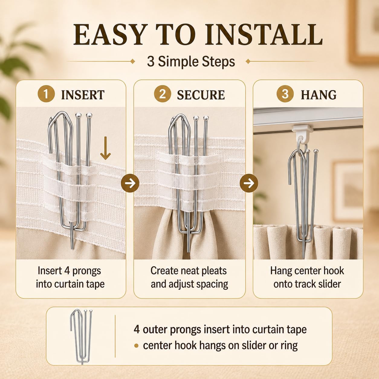 90PCS Stainless Steel Curtain Pleat Hooks,Drapery Hook and Pin for Pleated Drapes 4 Prongs Pinch Pleat Hook Clips,Traverse Pleater 4 End Curtain Hangers for Window Door Bathroom Curtain