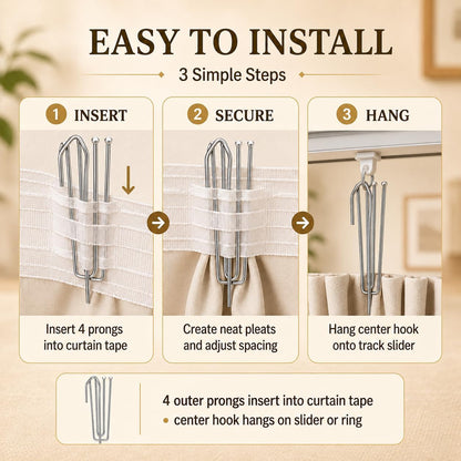 90PCS Stainless Steel Curtain Pleat Hooks,Drapery Hook and Pin for Pleated Drapes 4 Prongs Pinch Pleat Hook Clips,Traverse Pleater 4 End Curtain Hangers for Window Door Bathroom Curtain