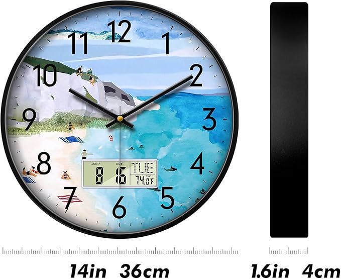 SCOAGE Silent Wall Clock with Temperature Day and Date Blue Mountain and Sea - Image 9