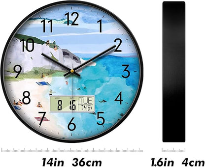 SCOAGE Silent Wall Clock with Temperature Day and Date Blue Mountain and Sea - Image 9