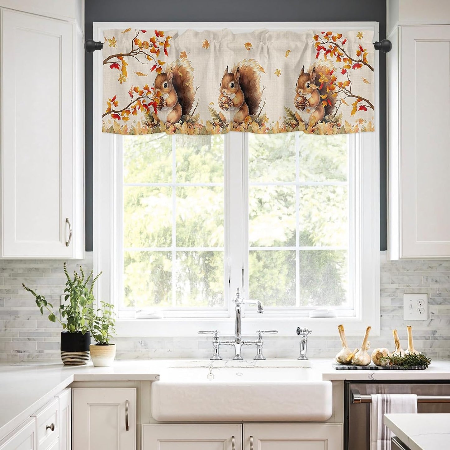 Squirrel Fall Window Valance Curtains, Farmhouse Maple Tree Leaf Window Treatment for Kitchen, Bathroom, Bedroom, Thanksgiving Day Autumn Botanical Rod Pocket Short Curtain 1 Panel, 54x18 in