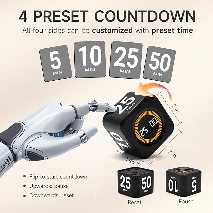 Rotating Productivity Timer 5, 50 Minutes Preset, Desk Cube w/Gravity Sensor - Image 2