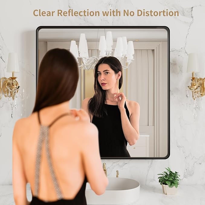 LOAAO 38x38 Inch Black Metal Framed Bathroom Mirror - Image 2