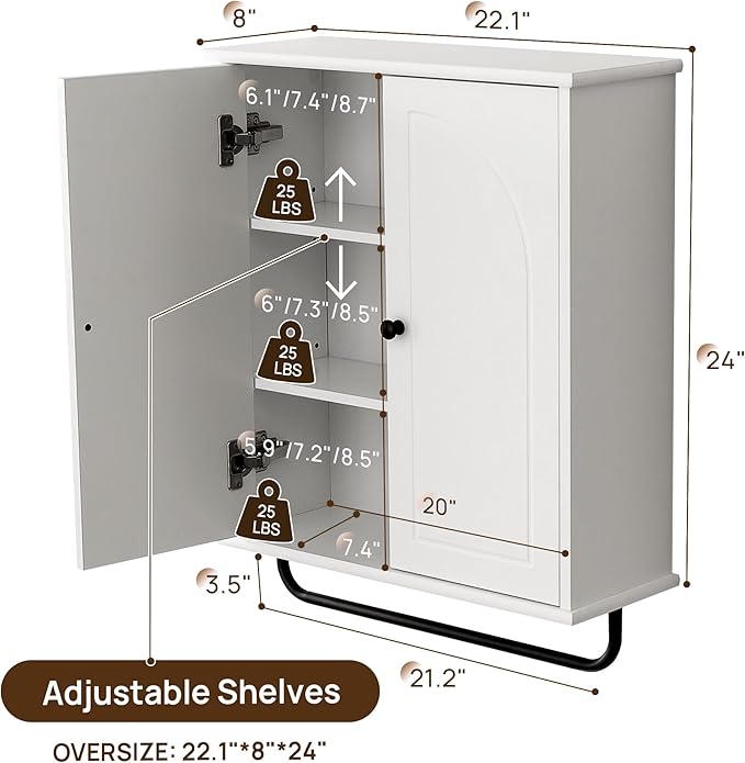 Bathroom Storage Cabinet with Adjustable Wood Shelves, Unique Arched Groove - Image 3