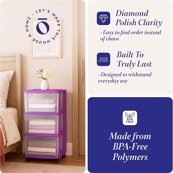 HOMZ 2-Pack Drawer Tower, 3-Tier Clear Plastic Storage Organizer Cart, and - Image 5