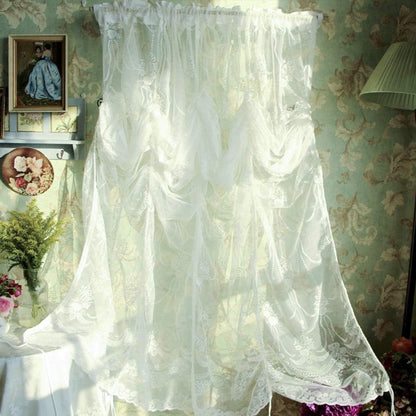 FADFAY Balloon Curtain Adjustable Tie-Up Off White Lace Semi Sheer Window Curtain Shade European Style Embroidered for Living Room Bedroom 1 Panel 78''78''