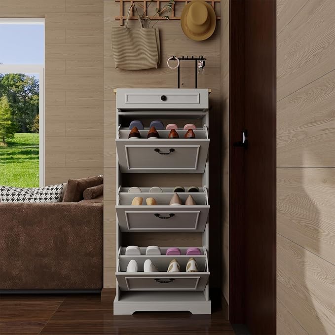 Shoe Storage Cabinet with 3 Flip Drawers&1 Drawer, Freestanding Shoe Cabinet - Image 4
