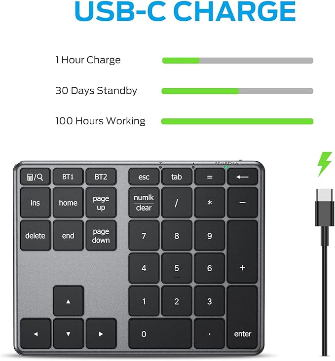 iClever Bluetooth Number Pad, Aluminum 34-Key Wireless Numeric Keypad, USB-C - Image 3