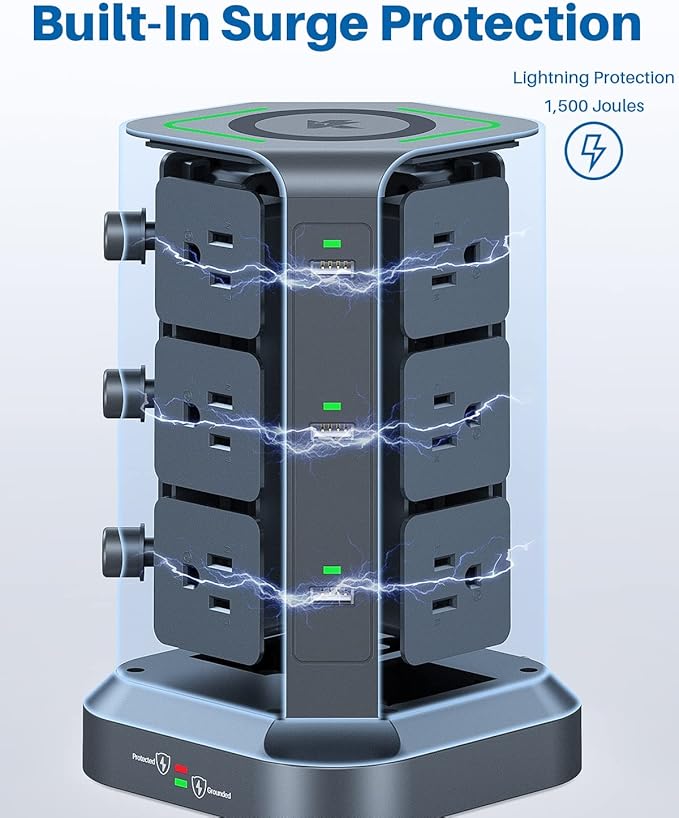 KOOSLA Power Strip Tower, Wireless Charger Surge Protector - Image 5
