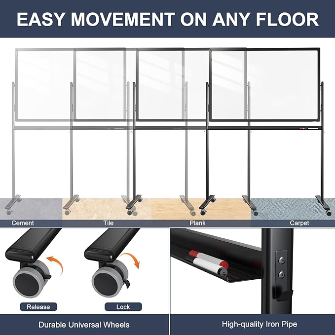 Mobile Clear Glass Whiteboard on Wheels - Image 5