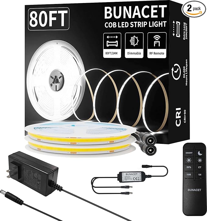BUNACET 80FT/24m COB LED Strip Light Warm White Dimmable 6500K High Lumen CRI by BUNACET